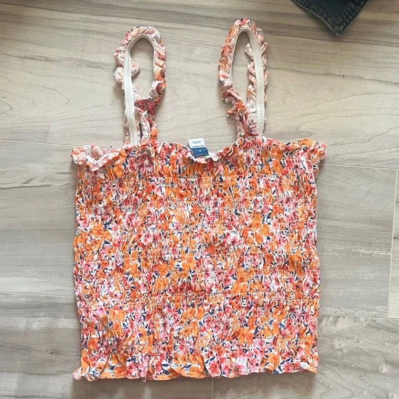 Old Navy Orange Floral Smocked Ruffle Strap Crop Top - Picture 3 of 4